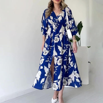 Women's Summer V-Necked Print Skirt High Waist-Comfort Temperament Open-Broken Flower Dress